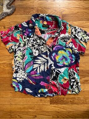 Jams World Multicolor Floral Short-Sleeve Button-Down — Navy, Teal, Pink, Yellow